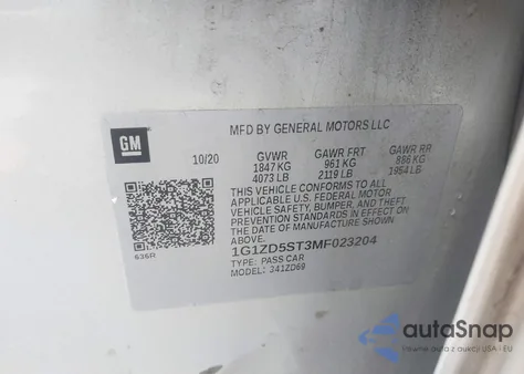 2021 Chevrolet Malibu Fwd Lt z USA, uszkodzony, nr VIN 1G1ZD5ST3MF023204